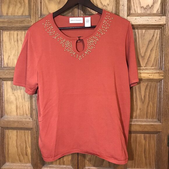 Alfred Dunner Women's L Rust Sienna Knit Blouse Short Sleeve Bling Pullover Top - Picture 1 of 7
